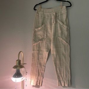 Free People Light Yellow Polka Dot Stripe Cargo Tie Cotton Pants